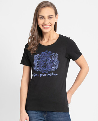 JOCKEY Printed Women Round Neck Black T-Shirt