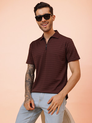 Ogha Striped Men Zip Neck Brown T-Shirt