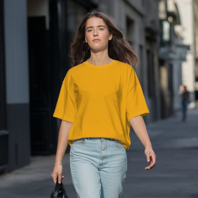 Ashkart Solid Women Round Neck Yellow T-Shirt