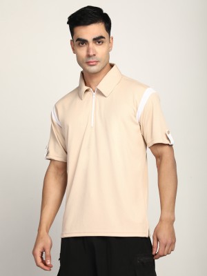 CHKOKKO Solid Men Polo Neck Beige T-Shirt