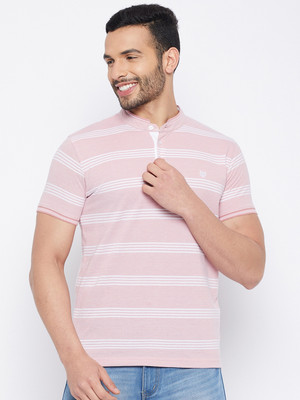 DUKE Striped Men Polo Neck Pink T-Shirt