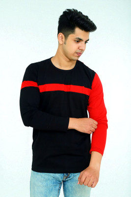 FARICON Colorblock Men Round Neck Black T-Shirt