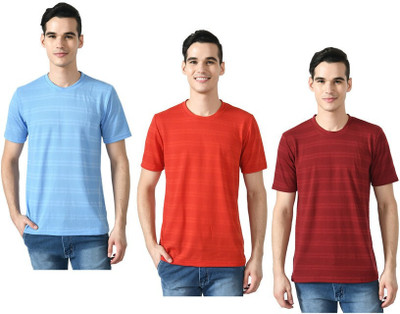 Kavvya Striped Men Round Neck Red, Maroon, Blue T-Shirt