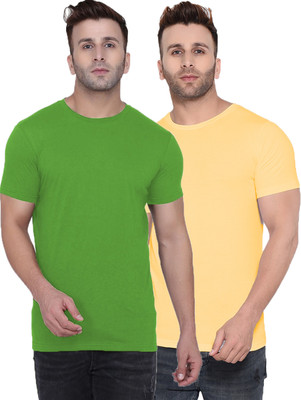 Kroptee Solid Men Round Neck Yellow, Dark Green T-Shirt
