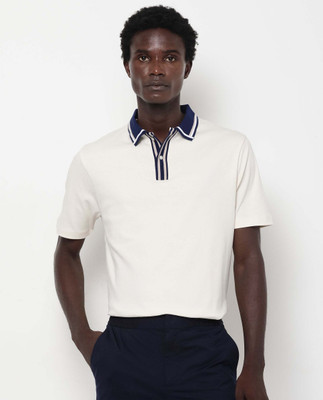 RARE RABBIT Solid Men Polo Neck White, Blue T-Shirt