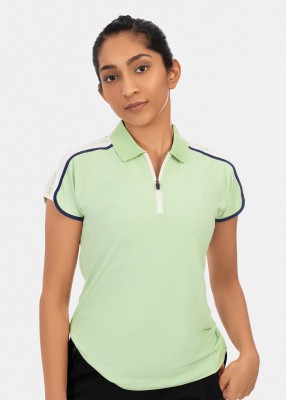 STRCH Solid Women Polo Neck Green T-Shirt