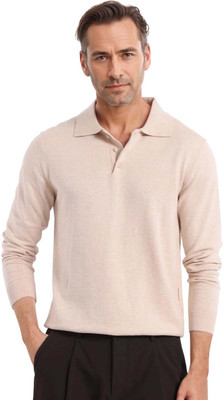 RARE RABBIT Solid Men Polo Neck Beige T-Shirt