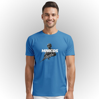 Warriorworld Printed Men Round Neck Blue T-Shirt