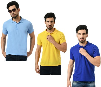 KAVYA Solid Men Polo Neck Light Blue, Yellow, Blue T-Shirt