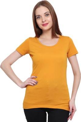 GENEALO Solid Women Round Neck Yellow T-Shirt