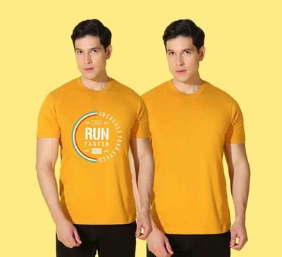 WOOSTRO Graphic Print, Solid Men Round Neck Yellow T-Shirt