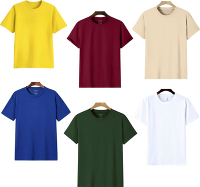 P collection Solid Men Round Neck White, Yellow, Maroon, Beige, Green, Dark Blue T-Shirt