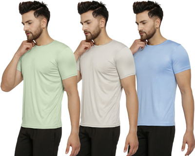 Cruister Solid Men Round Neck Light Green, Grey, Light Blue T-Shirt