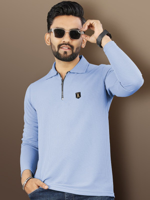 VeBNoR Solid Men Zip Neck Blue T-Shirt