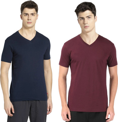 JOCKEY Solid Men V Neck Dark Blue, Maroon T-Shirt
