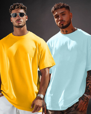 ENITOR Solid Men Round Neck Light Blue, Yellow T-Shirt