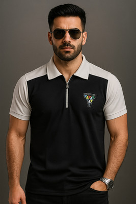 Ajmir Style Hub Embroidered, Colorblock Men Polo Neck Black T-Shirt