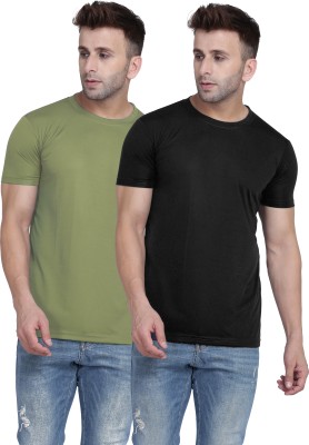 TQH Solid Men Round Neck Light Green, Black T-Shirt