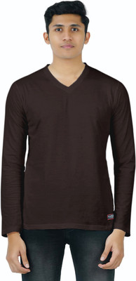 Smart Colors Solid Men V Neck Brown T-Shirt