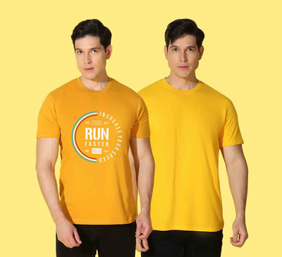 WOOSTRO Graphic Print, Solid Men Round Neck Yellow T-Shirt