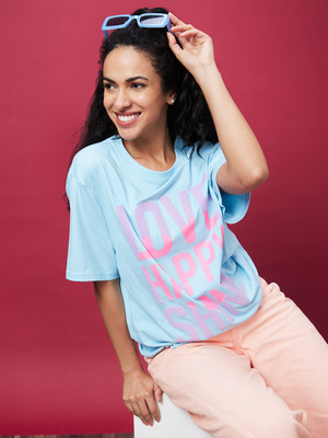 Globus Typography, Printed Women Round Neck Blue T-Shirt