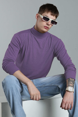 FREAKS Solid High Neck Casual Men Purple Sweater