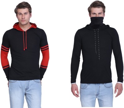 HYDEY Solid Men Hooded Neck Black, Red T-Shirt