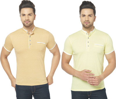JB Jagoboy Solid Men Henley Neck Beige, Yellow T-Shirt