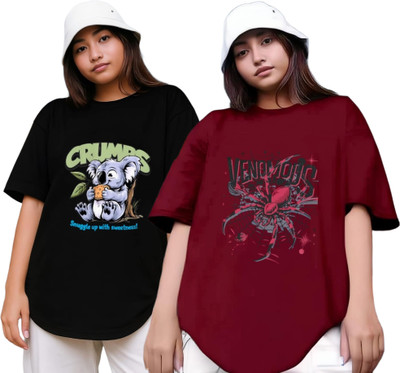 RS FASHION Printed Women Round Neck Black, Maroon T-Shirt