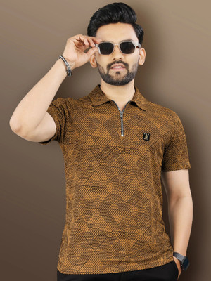 VeBNoR Printed Men Zip Neck Yellow T-Shirt
