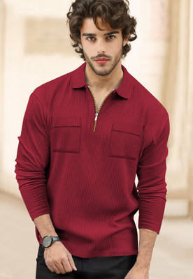 nityaf Self Design Men Zip Neck Maroon T-Shirt