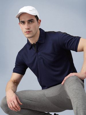Adrenex Solid Men Polo Neck Blue T-Shirt