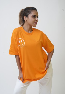 UNFOML Typography, Printed Women Round Neck Orange T-Shirt