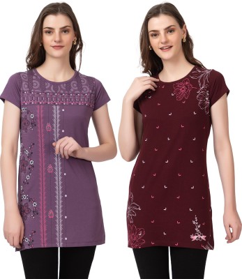 Star Touch Floral Print Women Round Neck Purple T-Shirt