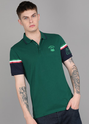 United Colors of Benetton Solid Men Polo Neck Green T-Shirt