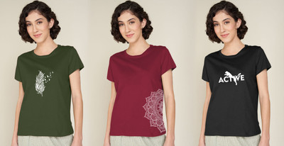 Stylimo Printed Women Round Neck Green, Maroon, Black T-Shirt