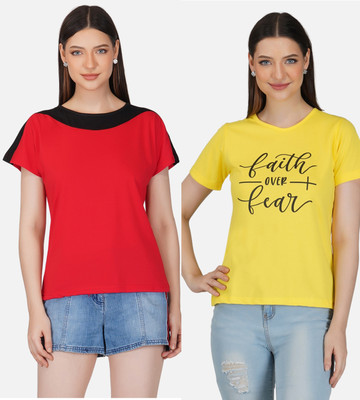 HouseOfCommon Printed Women Round Neck Red, Yellow T-Shirt