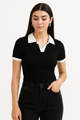 Glam Valley Solid Women Polo Neck Black, White T-Shirt