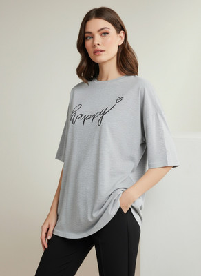 SZN Typography Women Round Neck Reversible Grey T-Shirt