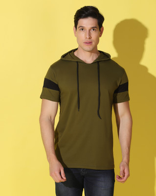 Restore Solid Men Hooded Neck Dark Green T-Shirt