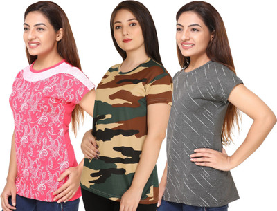 SHAUN Self Design Women Round Neck Multicolor T-Shirt