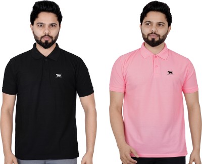 La Milano Solid Men Polo Neck Pink, Black T-Shirt