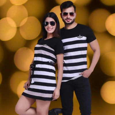 COUPLESTUFF.IN Striped Couple Round Neck Black T-Shirt