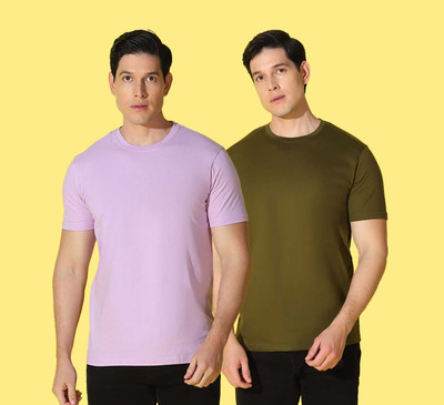 WOOSTRO Solid Men Round Neck Purple, Brown T-Shirt