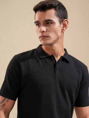 HIGHLANDER Self Design Men Polo Neck Black T-Shirt