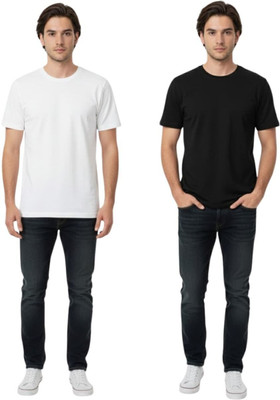 Style N Story Solid Men Round Neck Black, White T-Shirt
