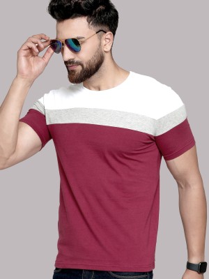 AOOSH Colorblock Men Round Neck Maroon, White, Grey T-Shirt