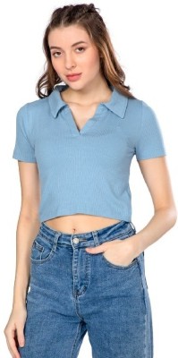 Tickled Pink Solid Women Polo Neck Light Blue T-Shirt