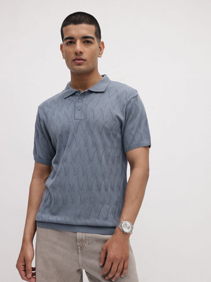 Roadster Self Design Men Polo Neck Blue T-Shirt