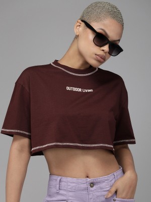 Roadster Solid Women Round Neck Brown T-Shirt